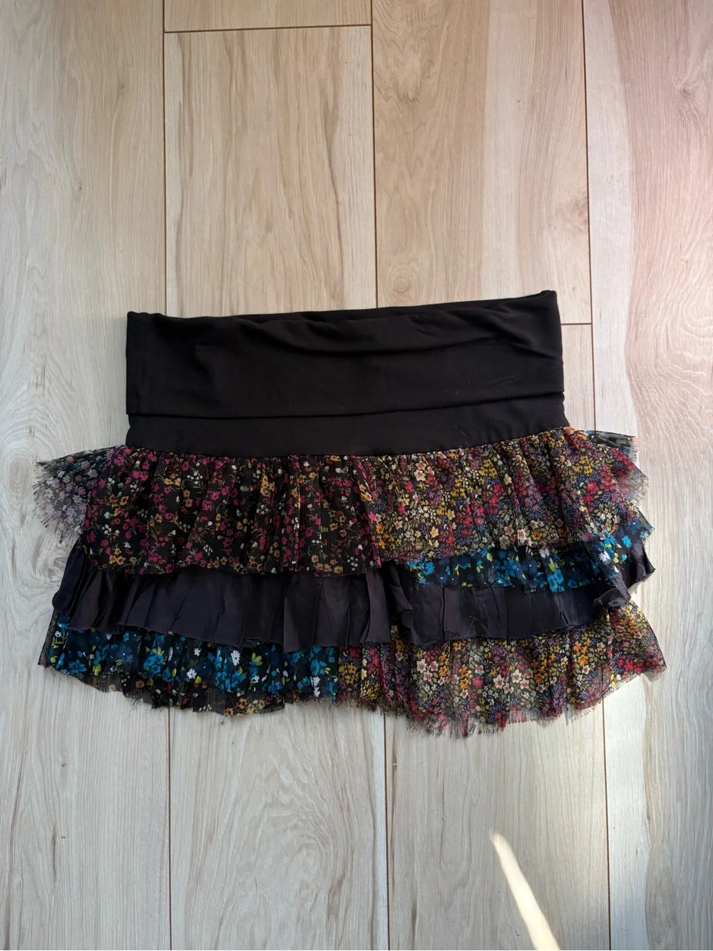 Free People FP One Patchwork Floral Tiered Ruffle Mini Skirt Black Boho Y2K